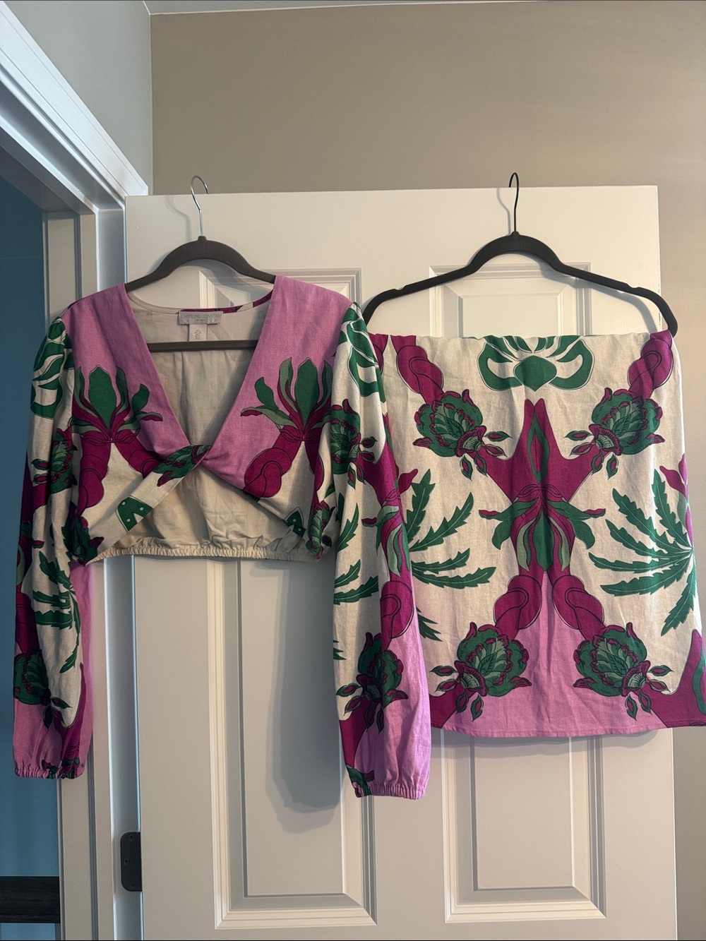 Caroline Constas Pink & Green Floral Wrap Crop Top and Skirt Set